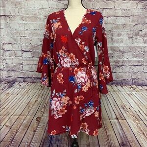 Trixxi Red Floral Print Wrap Bell Sleeve Dress